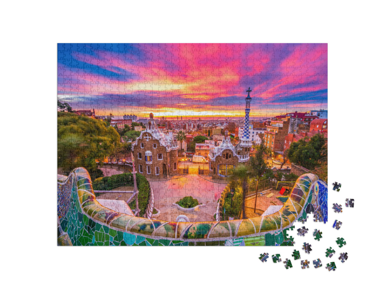 Puzzle 1000 pezzi „Alba su Park Güell, Patrimonio dell'Umanità dell'UNESCO, Barcellona, Spagna“