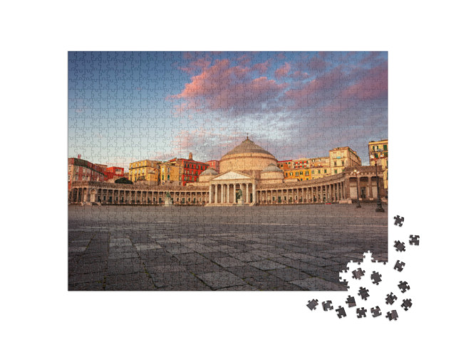 Puzzle 1000 pezzi „Paesaggio della città di Napoli con vista sulla grande piazza del Plebiscito al sorgere del sole“