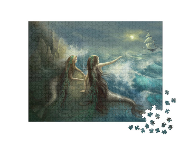 Puzzle 1000 pezzi „Due sirene tra gli scogli di un oceano in tempesta“
