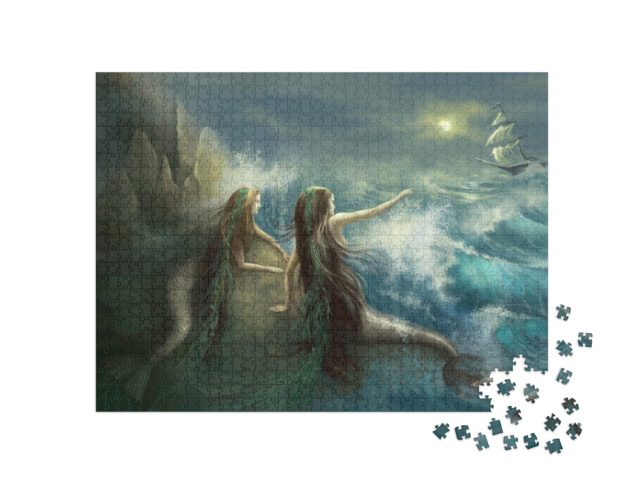 Puzzle 1000 pezzi „Due sirene tra gli scogli di un oceano in tempesta“