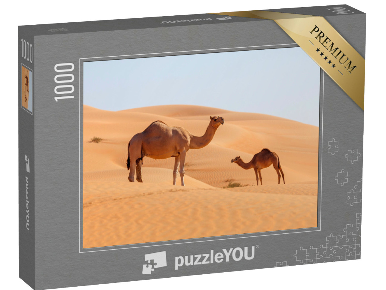 Puzzle 1000 pezzi „Mamma cammello con cucciolo in un deserto del Medio Oriente“