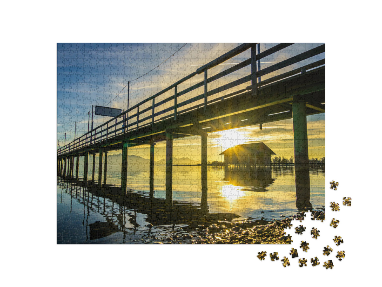 Puzzle 1000 pezzi „Pontile sul lago Chiemsee al tramonto, Baviera, Germania“