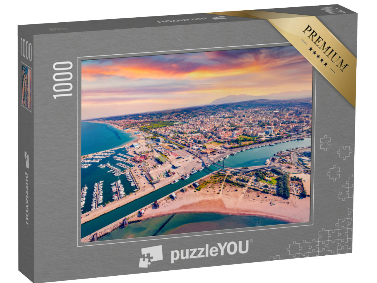 Puzzle 1000 pezzi „Bellissimo tramonto sul mare Adriatico al porto di Pescara, Italia“