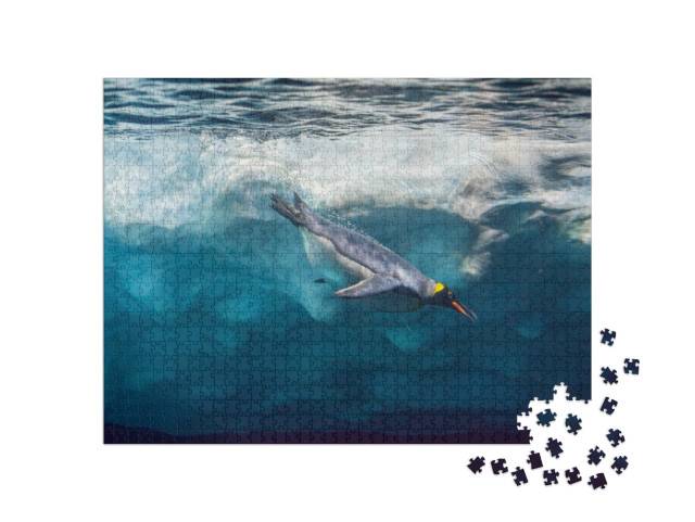 Puzzle 1000 pezzi „Pinguino si tuffa sotto il ghiaccio, foto subacquea“
