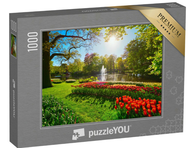 Puzzle 1000 pezzi „Keukenhof con le aiuole di tulipani in fiore, Lisse, Paesi Bassi“