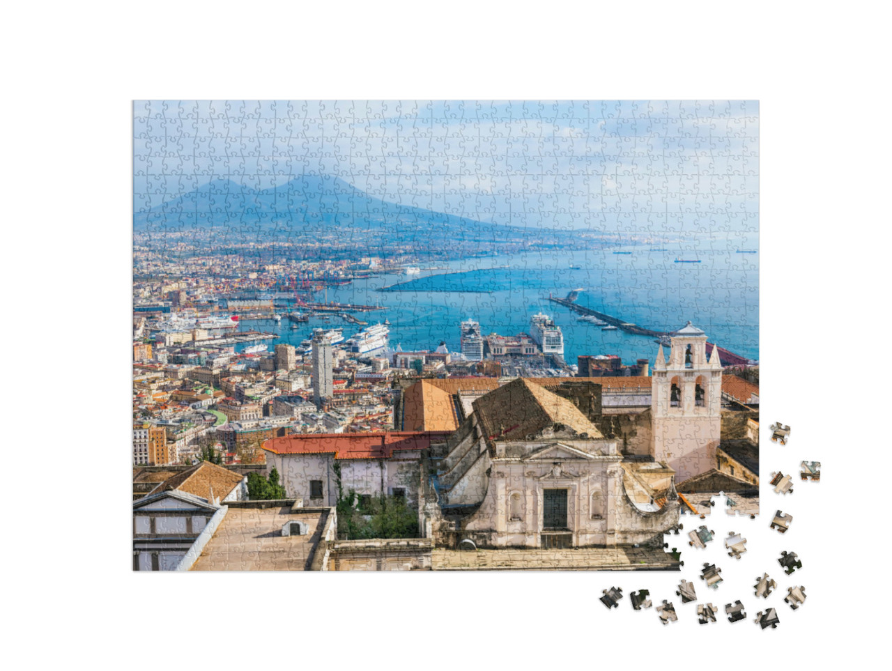 Puzzle 1000 pezzi „Vista panoramica della città di Napoli e del Golfo di Napoli, Italia. Il vulcano Vesuvio sullo sfondo“