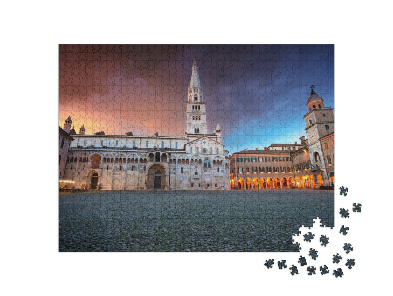 Puzzle 1000 pezzi „Immagine del paesaggio urbano di Modena, Italia, con Piazza Grande al drammatico tramonto primaverile.“