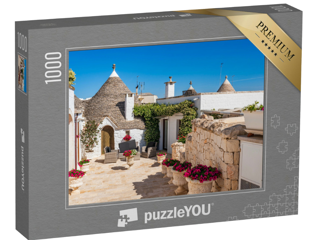 Puzzle 1000 pezzi „Famosa casa a trullo tradizionale in pietra a secco con tetto conico ad Alberobello“