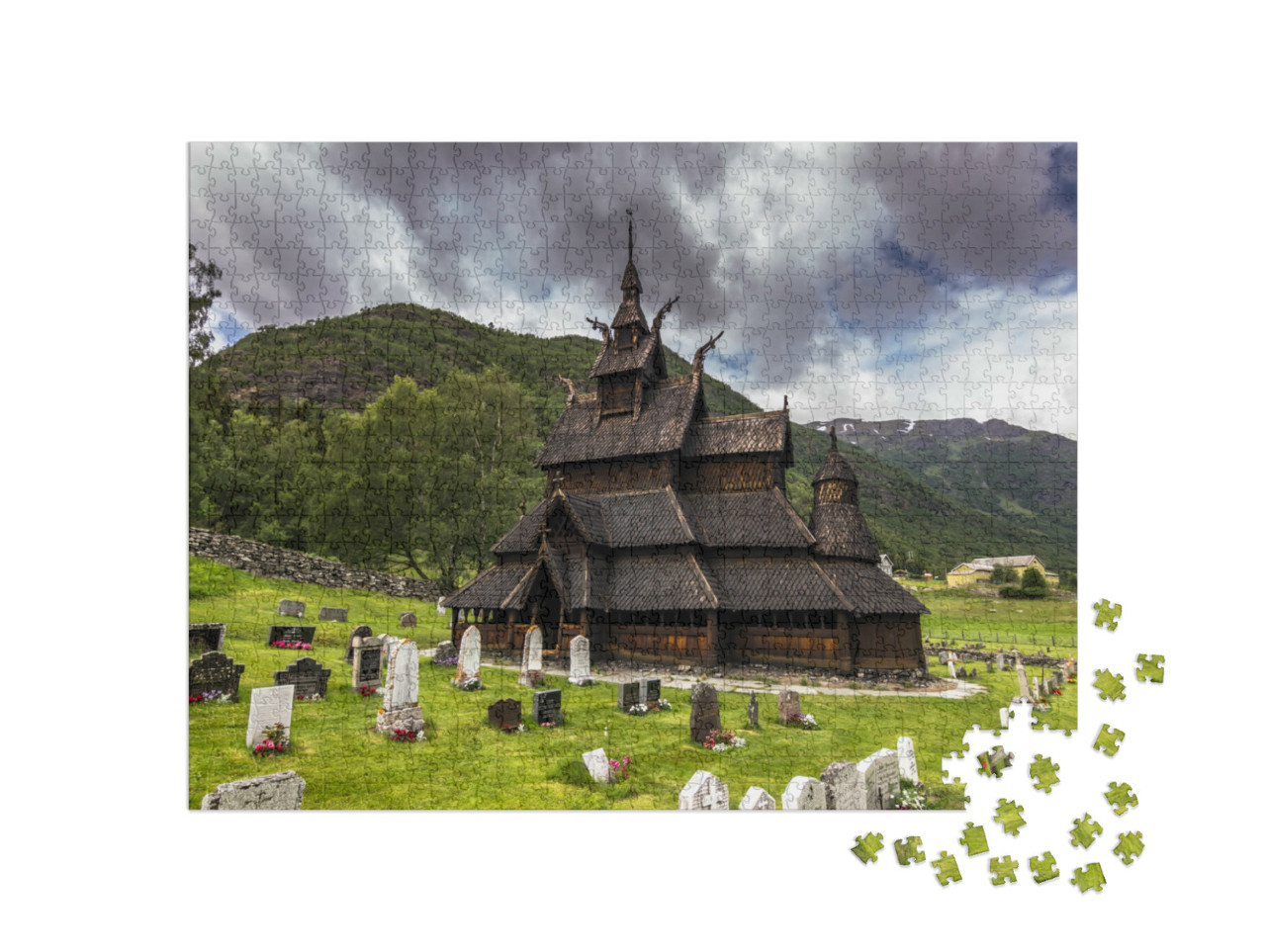 Puzzle 1000 pezzi „Chiesa di Borgund a Borgund, Norvegia“