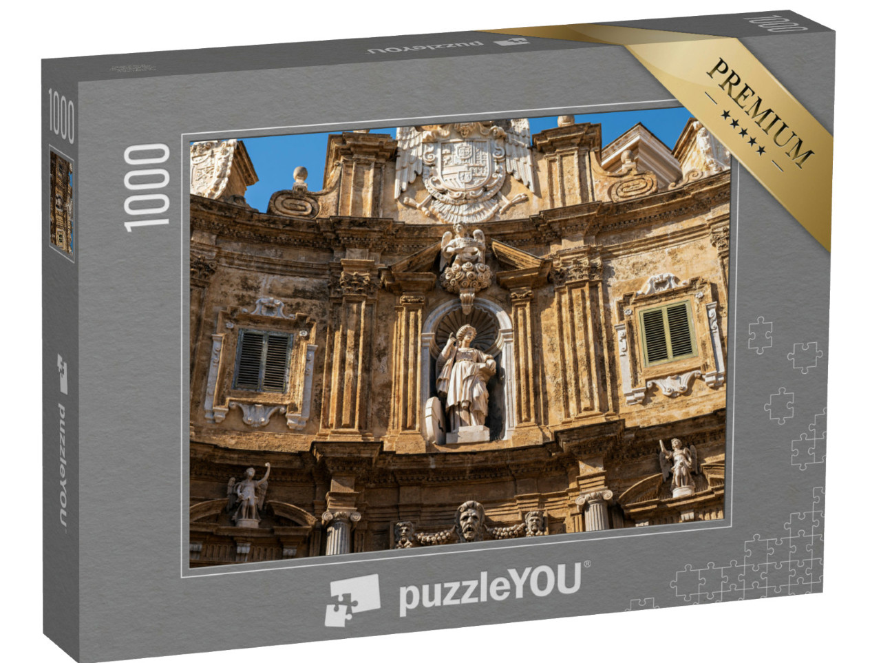 Puzzle 1000 pezzi „Palermo, Sicilia, Italia. Facciata di piazza Quattro Canti a Palermo. Giornata estiva di sole“