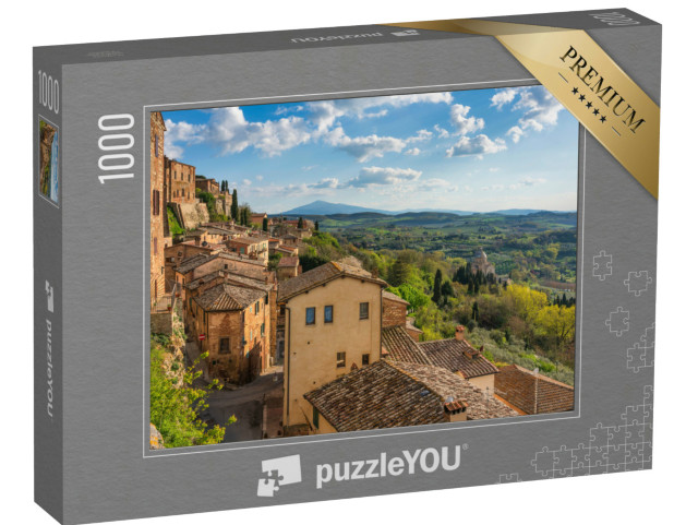 Puzzle 1000 pezzi „Montepulciano, borgo medievale italiano con la chiesa di San Biagio sullo sfondo. Siena, Toscana“