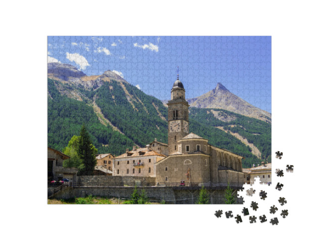 Puzzle 1000 pezzi „Veduta della Chiesa di Sant'Orso a Cogne, in Valle d'Aosta, Italia settentrionale.“