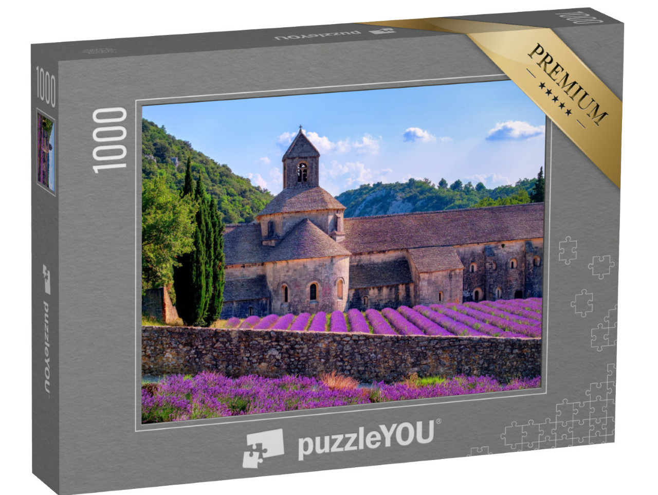 Puzzle 1000 pezzi „Campi di lavanda viola in fiore presso il monastero di Senanque, Provenza, Francia meridionale“