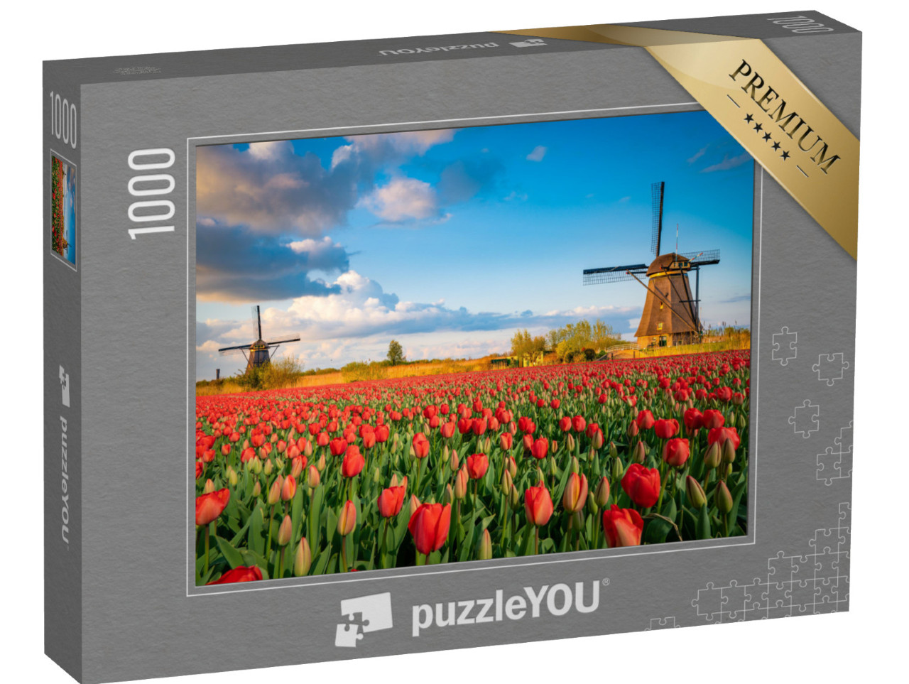 Puzzle 1000 pezzi „Paesaggio olandese con mulini a vento e tulipani in fiore“