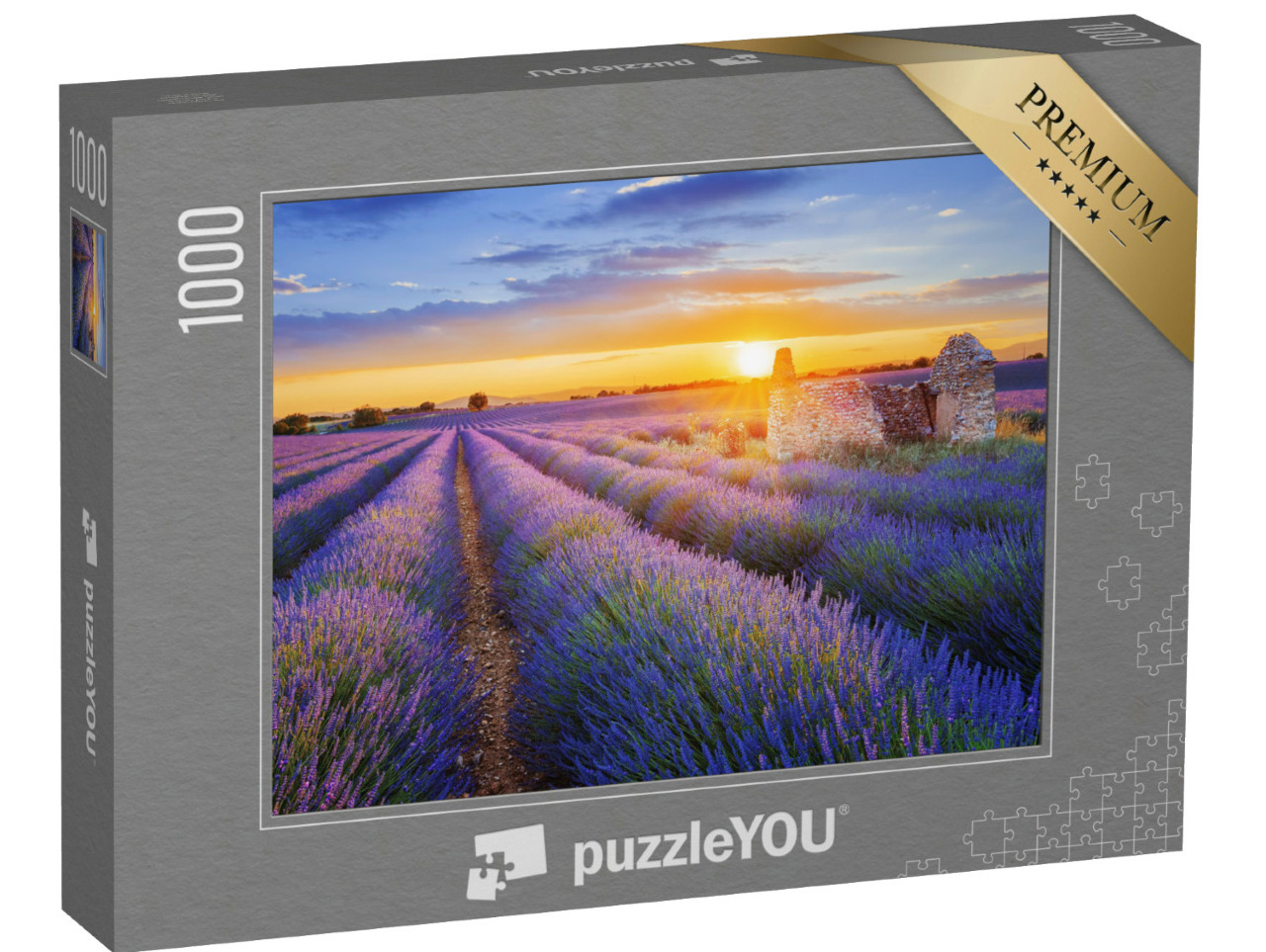 Puzzle 1000 pezzi „Sogno viola: tramonto su un campo di lavanda a Valensole, in Provenza“
