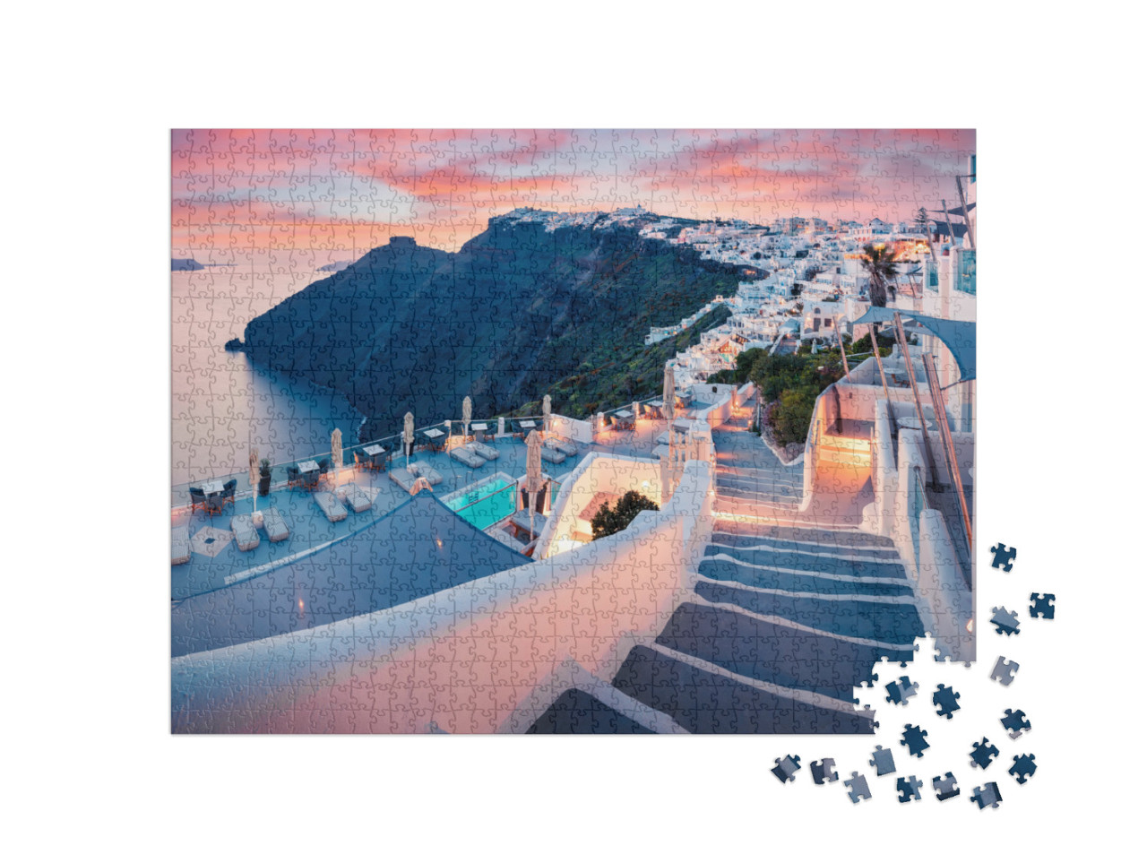 Puzzle 1000 pezzi „Vista serale dell'isola di Santorini, primavera in Grecia“