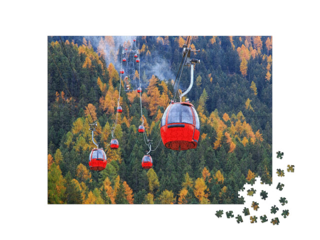 Puzzle 1000 pezzi „Skilift rosso per la pista da sci dell'Alpe di Siusi dal centro sciistico di Ortisei nelle Dolomiti“