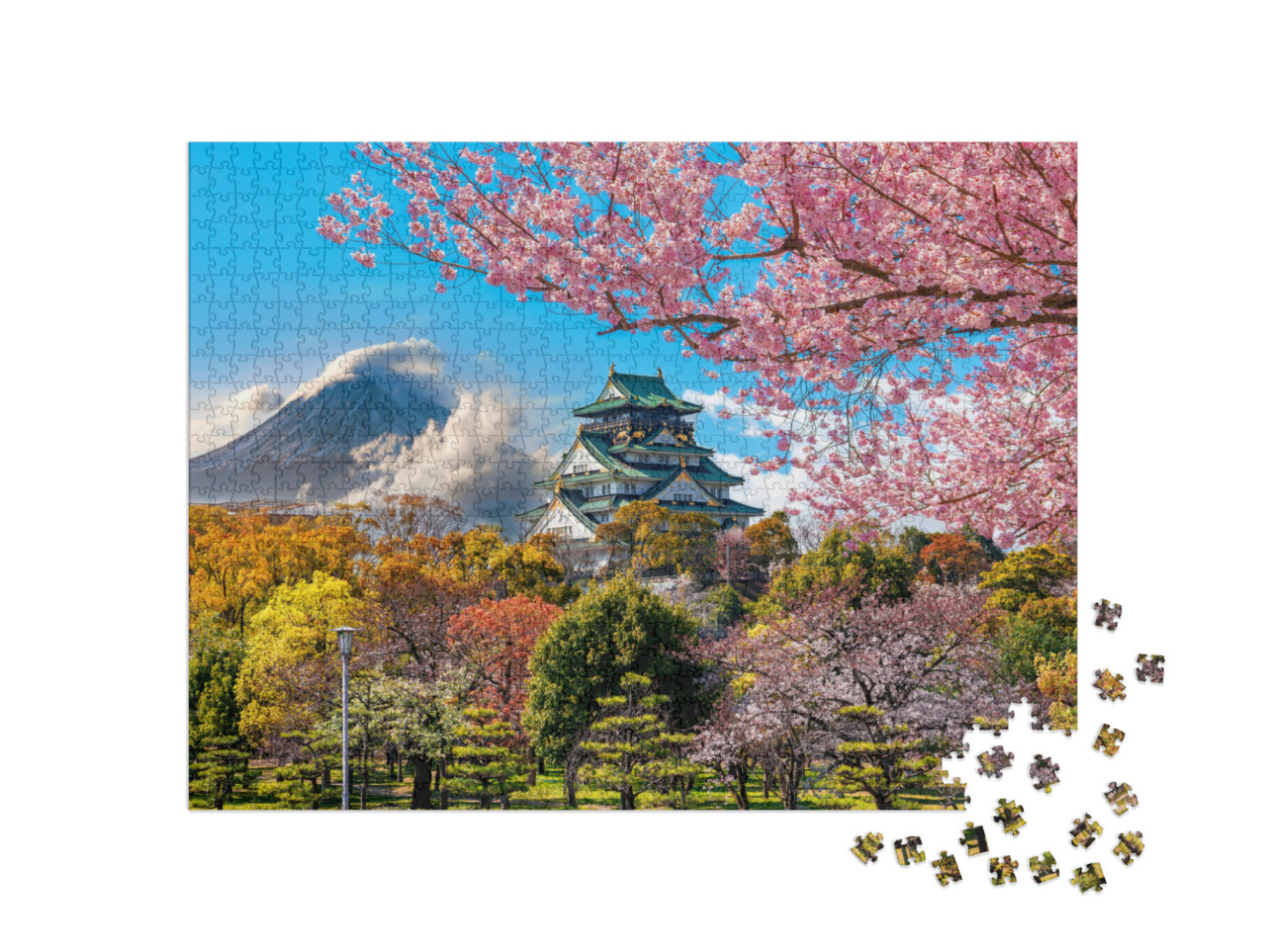 Puzzle 1000 pezzi „Fiori di ciliegio al castello di Osaka e al Monte Fuji, Giappone“