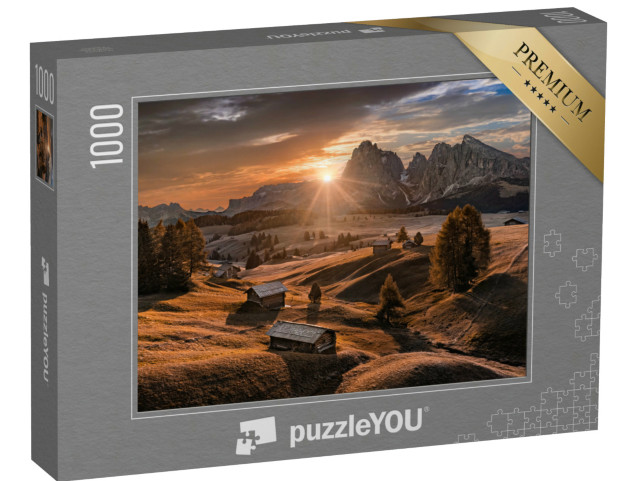 Puzzle 1000 pezzi „Alpe di Siusi, Italia - Veduta aerea di baite in legno sull'Alpe di Siusi, in provincia di Bolzano“