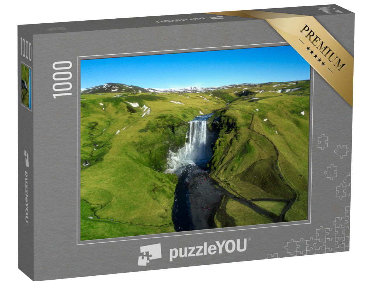 Puzzle 1000 pezzi „Cascate famose: Skogafoss nel centro dell'Islanda, vista aerea“