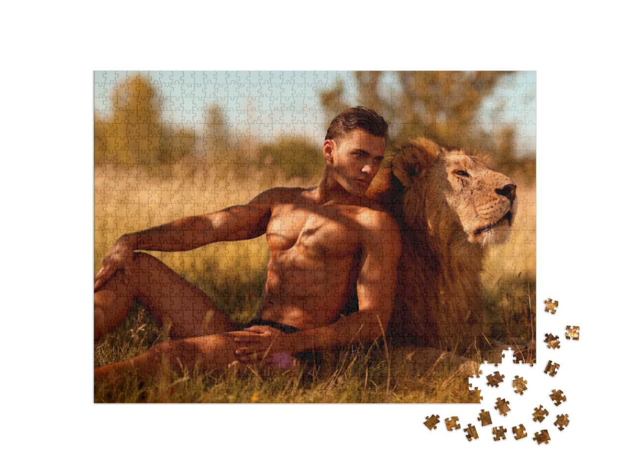 Puzzle 1000 pezzi „Bellezza e potere: modello maschile con leone“