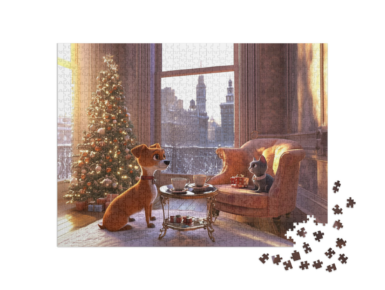 Puzzle 1000 pezzi „New York: cane e gatto si godono la mattina di Natale“