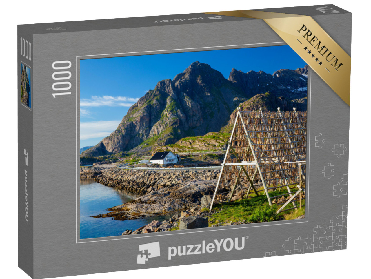 Puzzle 1000 pezzi „Merluzzo da essiccare: Henningsvaer, Lofoten, Norvegia“