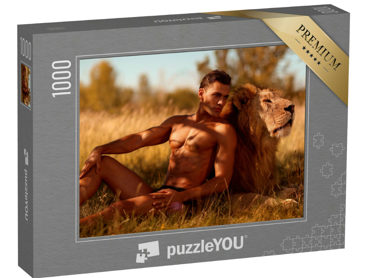 Puzzle 1000 pezzi „Bellezza e potere: modello maschile con leone“
