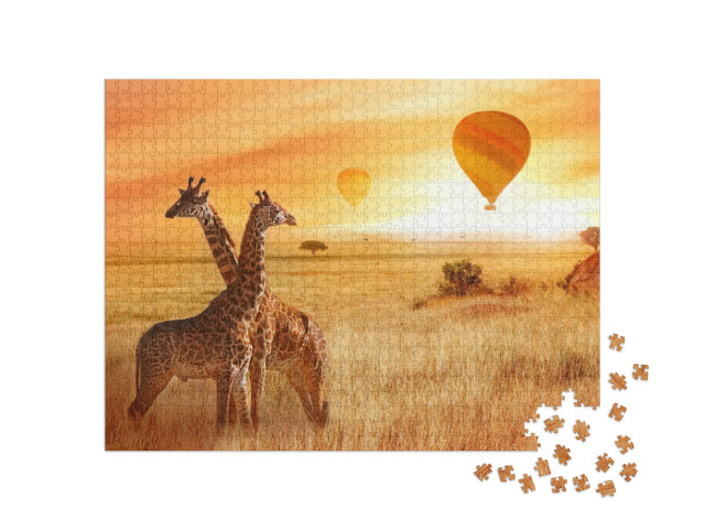 Puzzle 1000 pezzi „Volo panoramico in mongolfiera: giraffe nella savana africana“