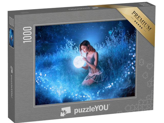 Puzzle 1000 pezzi „Di notte nella foresta: una giovane elfa tiene la luna tra le mani“