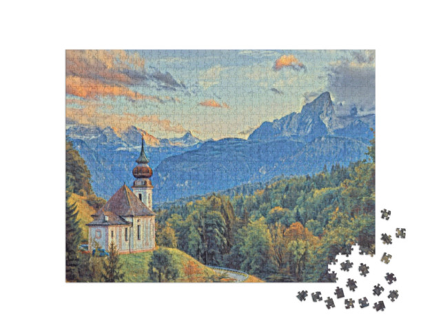 Puzzle 1000 pezzi „nello stile di Paul-Cezanne - Watzmann con la chiesa di Maria Gern“