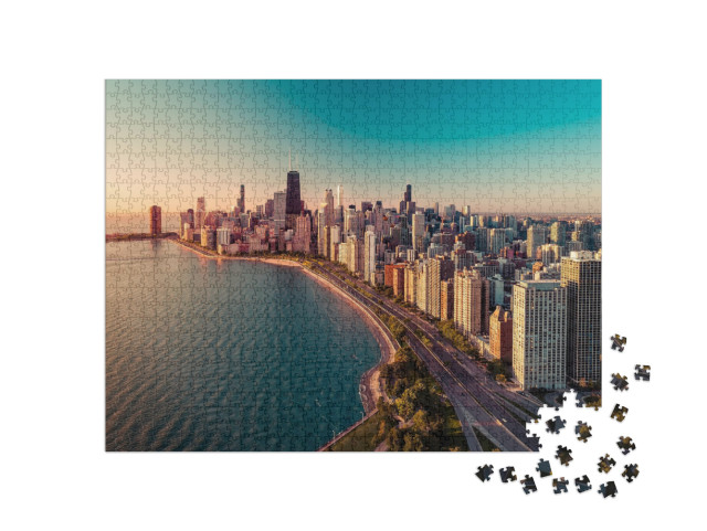 Puzzle 1000 pezzi „Lo skyline di Chicago con l'alba e il lago Michigan“