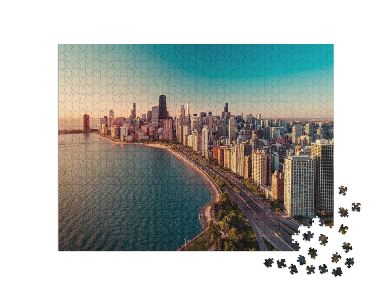 Puzzle 1000 pezzi „Lo skyline di Chicago con l'alba e il lago Michigan“