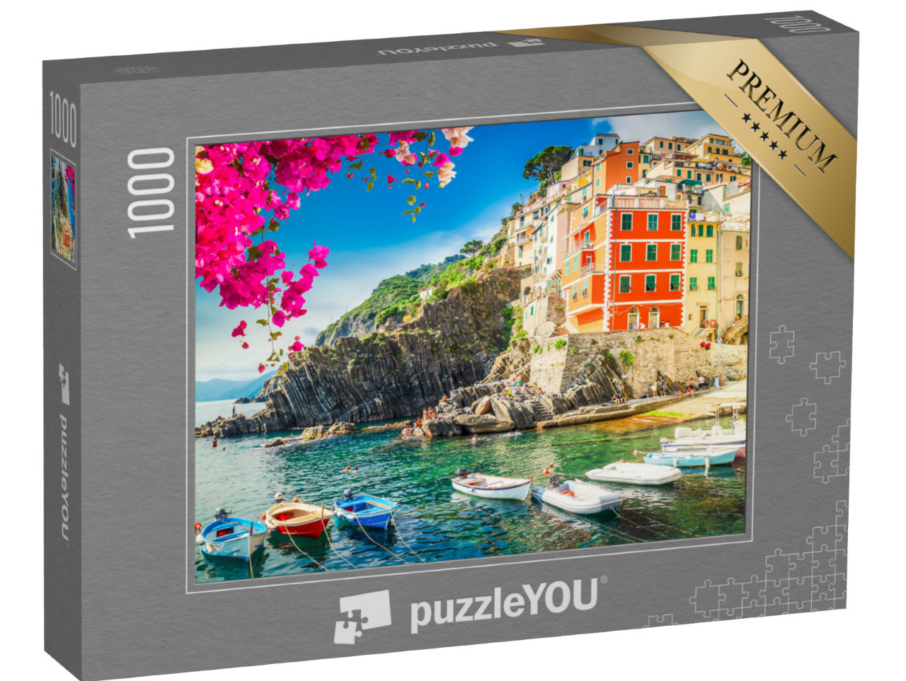 Puzzle 1000 pezzi „Riomaggiore, pittoresca cittadina con barche ormeggiate delle Cinque Terre e fiori, Italia“