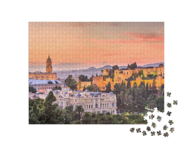 Puzzle 1000 pezzi „Lo skyline di Malaga al tramonto, Spagna“
