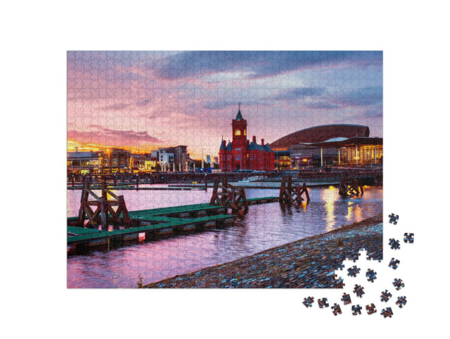 Puzzle 1000 pezzi „Lungomare di notte, tramonto a Cardiff, Galles“