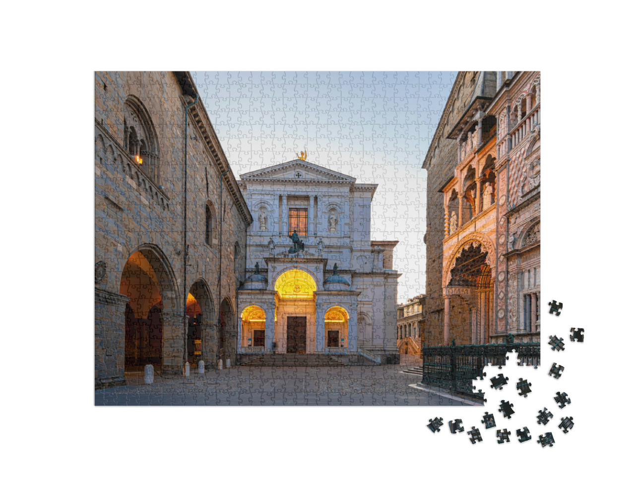 Puzzle 1000 pezzi „Piazza Vecchia vista notturna a Bergamo“