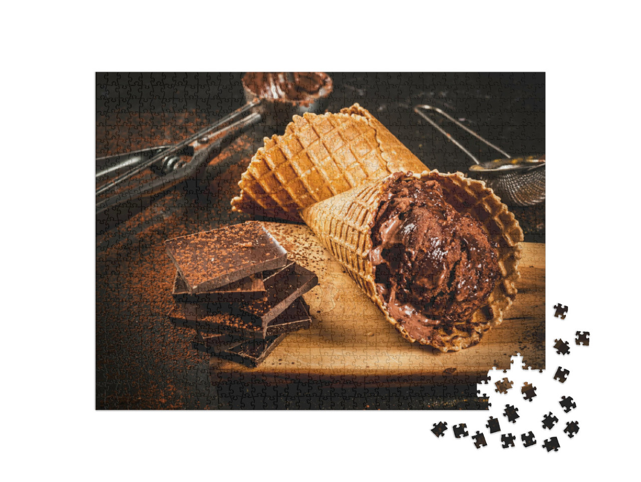Puzzle 1000 pezzi „Gelato al cioccolato fatto in casa in coni di wafer“