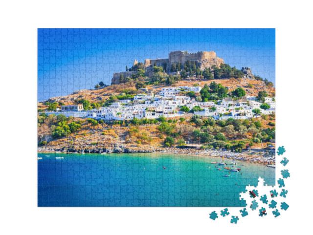 Puzzle 1000 pezzi XXL „Lindos con le sue case imbiancate a calce, Rodi, Grecia“