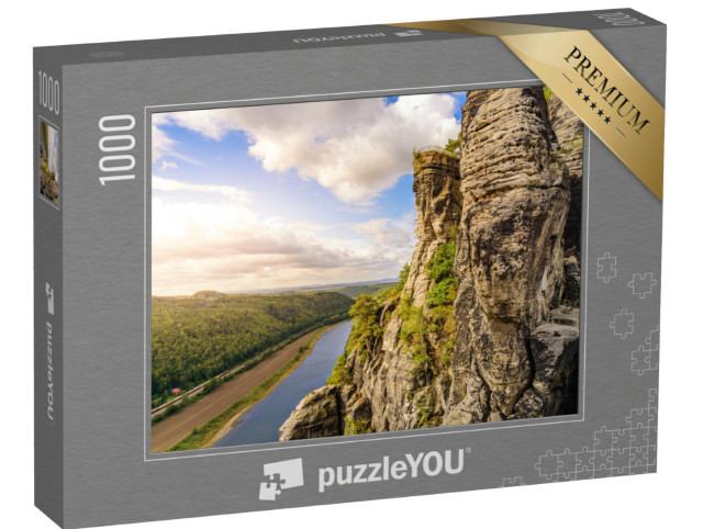 Puzzle 1000 pezzi „Vista sull'Elba dal belvedere di Bastei, Svizzera sassone, Germania“