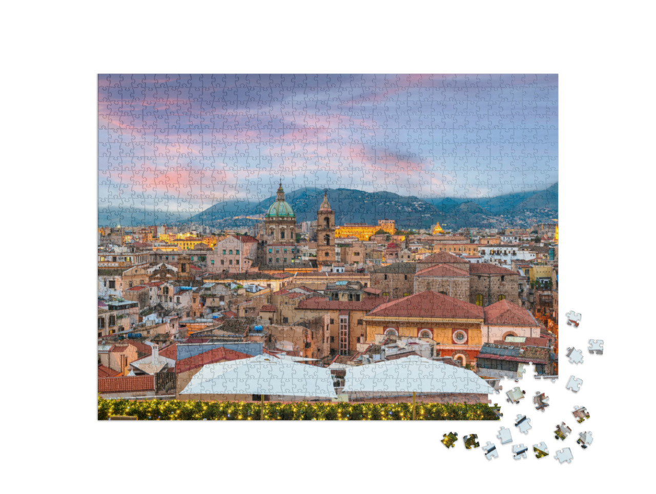 Puzzle 1000 pezzi „Palermo, skyline della città siciliana con le torri simbolo al tramonto.“
