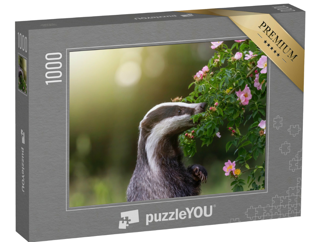 Puzzle 1000 pezzi „Tasso in piedi sulle zampe posteriori che annusa un fiore di rosa selvatica“