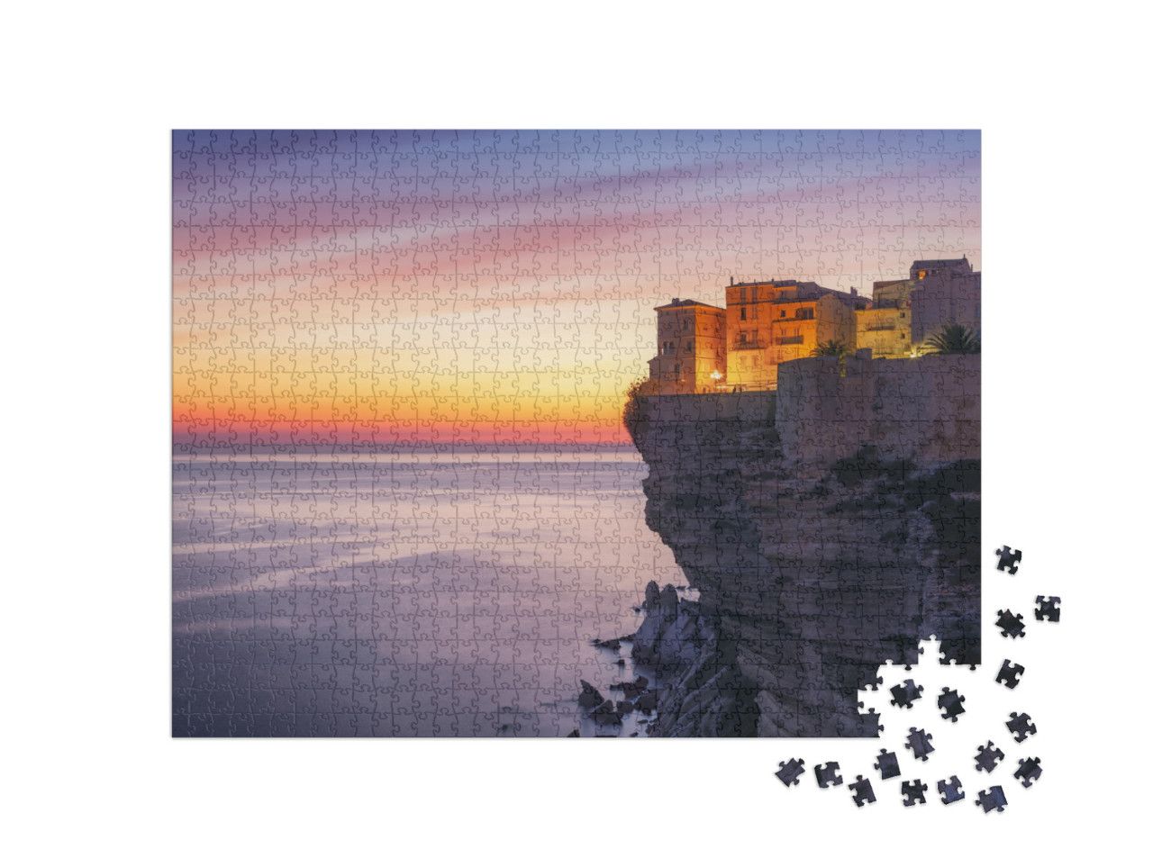 Puzzle 1000 pezzi „Tramonto sulla città di Bonifacio, Corsica, Francia“