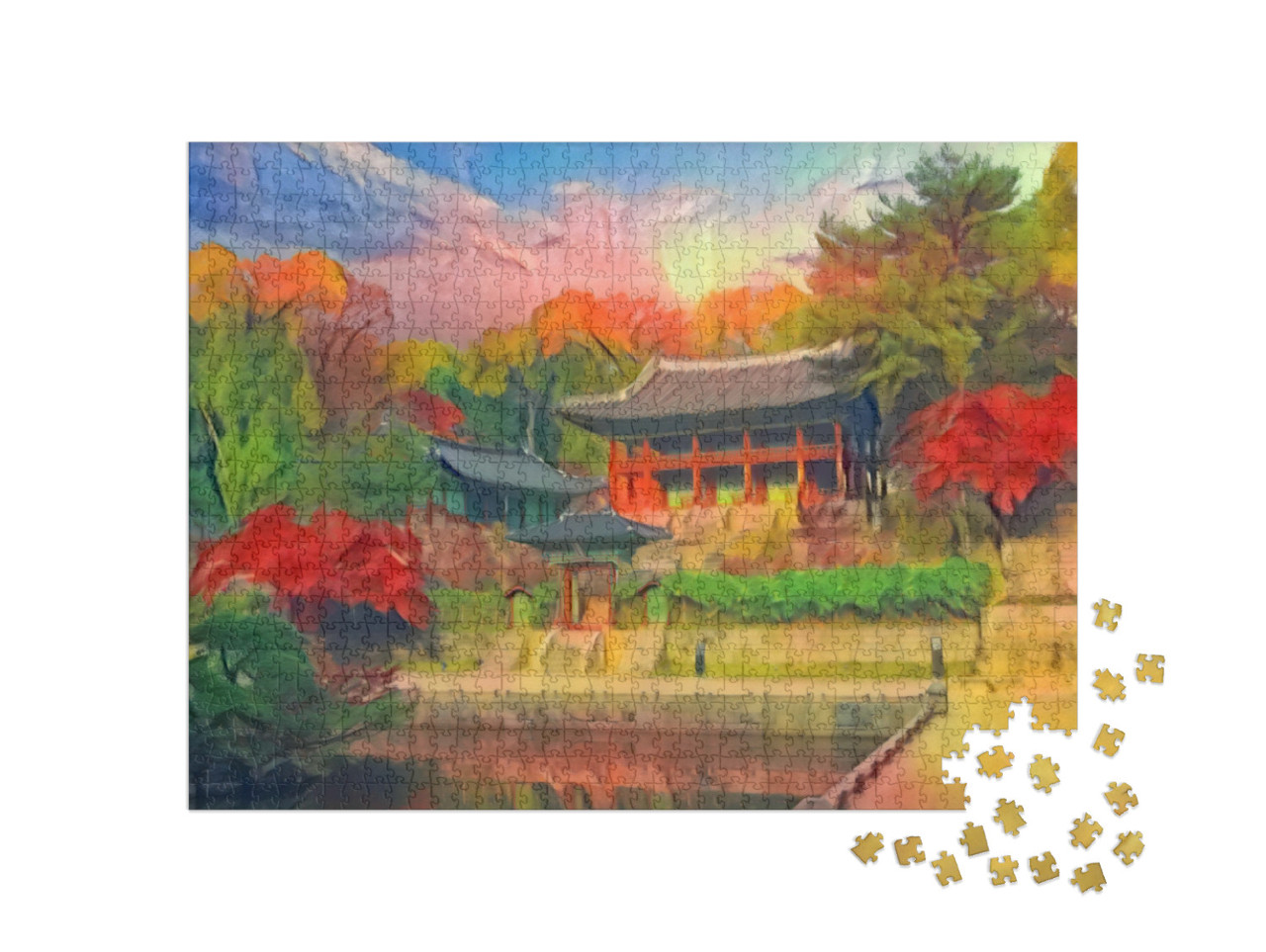 Puzzle 1000 pezzi „nello stile artistico di Franz Marc - Autunno al Palazzo Changdeokgung di Seul, Corea del Sud“