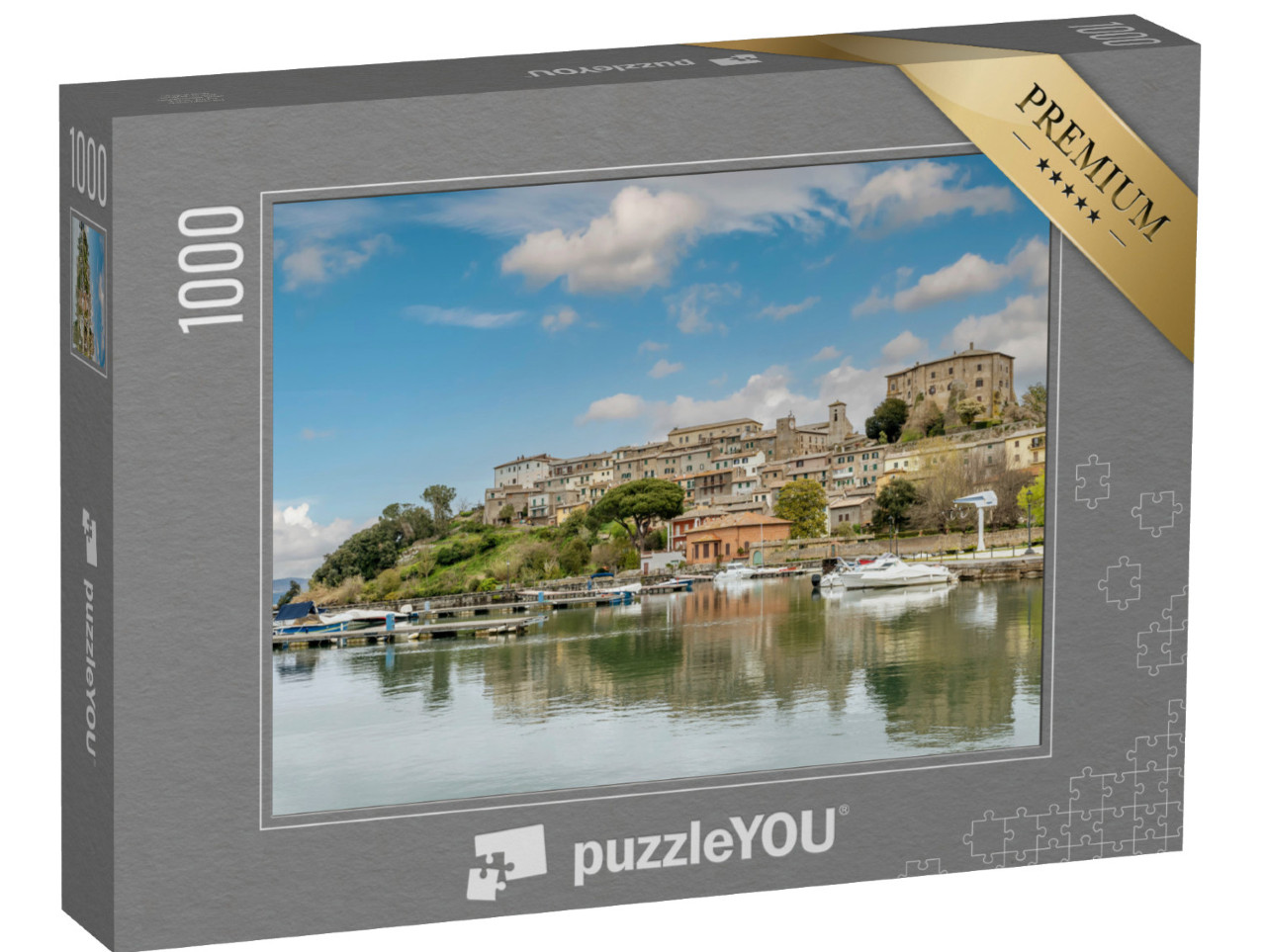 Puzzle 1000 pezzi „Il centro storico di Capodimonte e il porto sul lago di Bolsena, Italia“