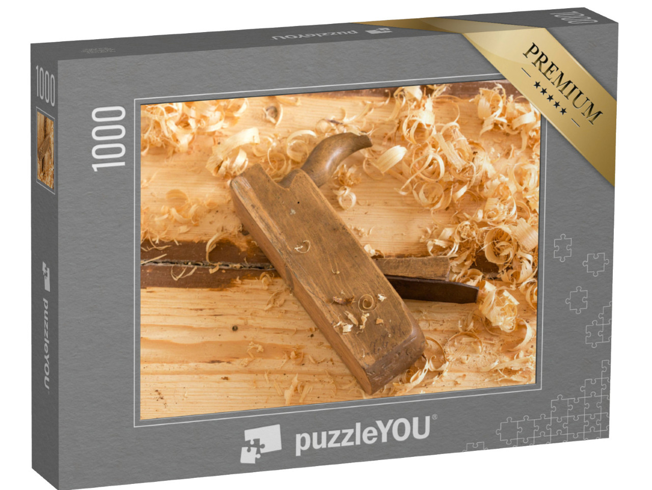 Puzzle 1000 pezzi „Vecchia pialla a mano in legno dismessa per la lavorazione del legno con trucioli di legno.“