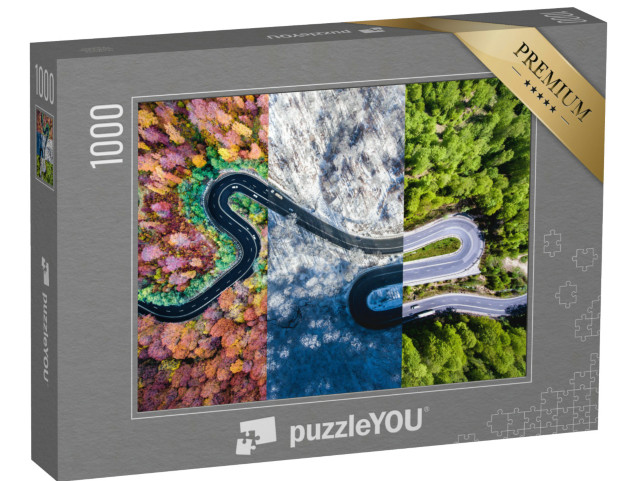 Puzzle 1000 pezzi „Strada tortuosa nella foresta attraverso le stagioni“