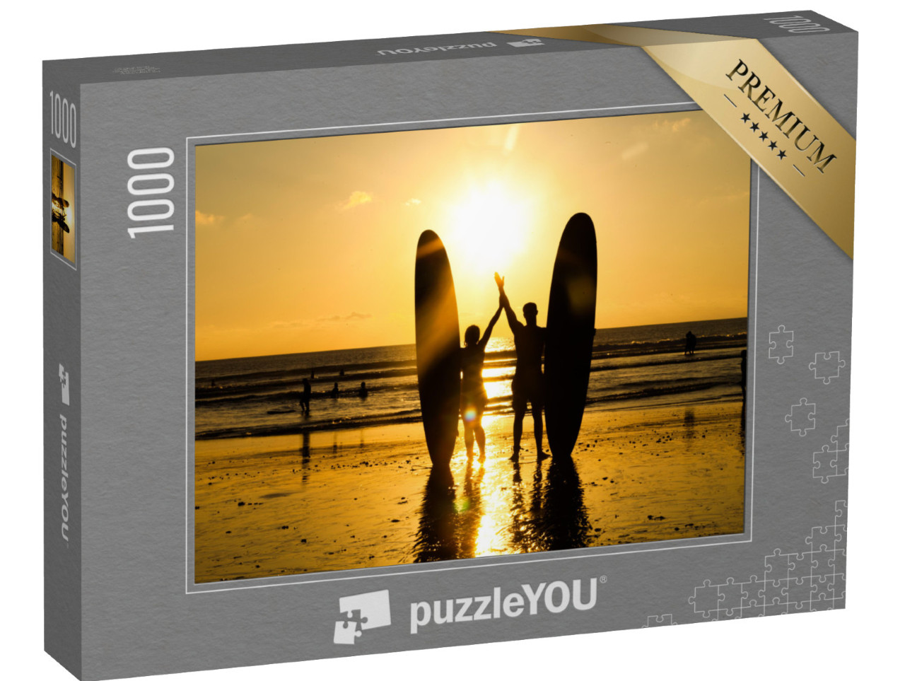 Puzzle 1000 pezzi „Coppia di surfisti al tramonto sulla spiaggia“