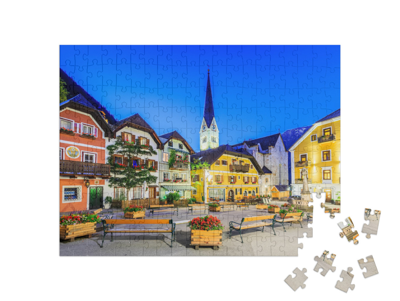 Puzzle 200 pezzi „Hallstatt, Austria, villaggio di montagna nelle Alpi austriache al tramonto“