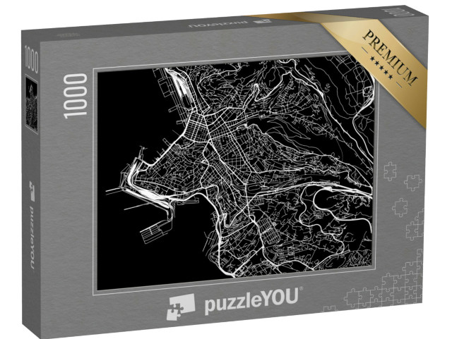 Puzzle 1000 pezzi „Mappa stradale vettoriale in formato quadrato della città di Trieste con strade bianche su sfondo nero“
